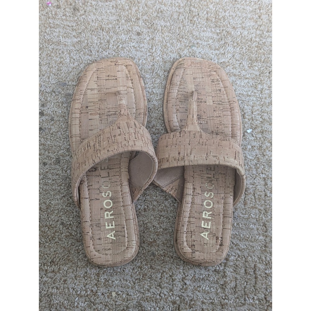 Aerosoles Barry Womens 9.5M Natural Cork Thong Sandals Square Toe Flat Slides